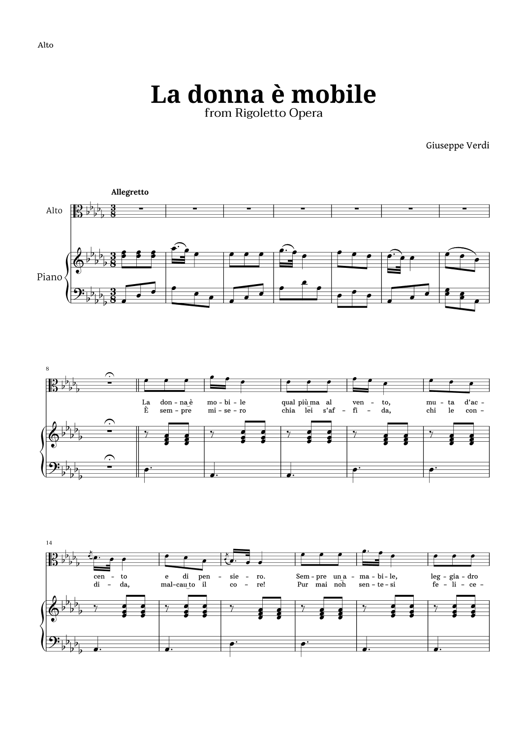 La donna è mobile in D-flat major for Contralto and Piano (arr. Langanho)