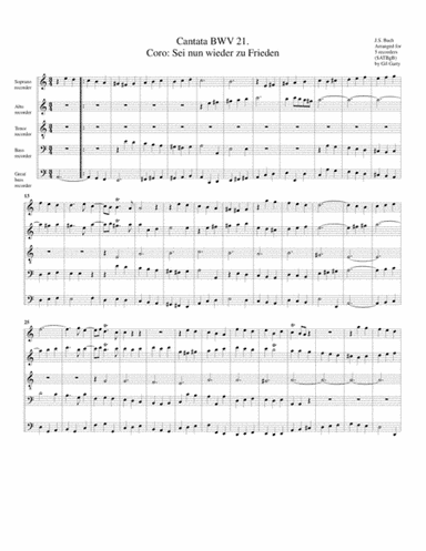 Coro: Sei nun wieder zu Frieden from Cantata BWV 21 (arrangement for 5 recorders) (arr. Gil Garty)