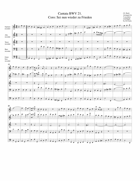 Coro: Sei nun wieder zu Frieden from Cantata BWV 21 (arrangement for 5 recorders) (arr. Gil Garty)