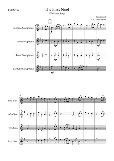 The First Noel (Christmas Song) for Saxophone Quartet (arr. Fabio Britto)