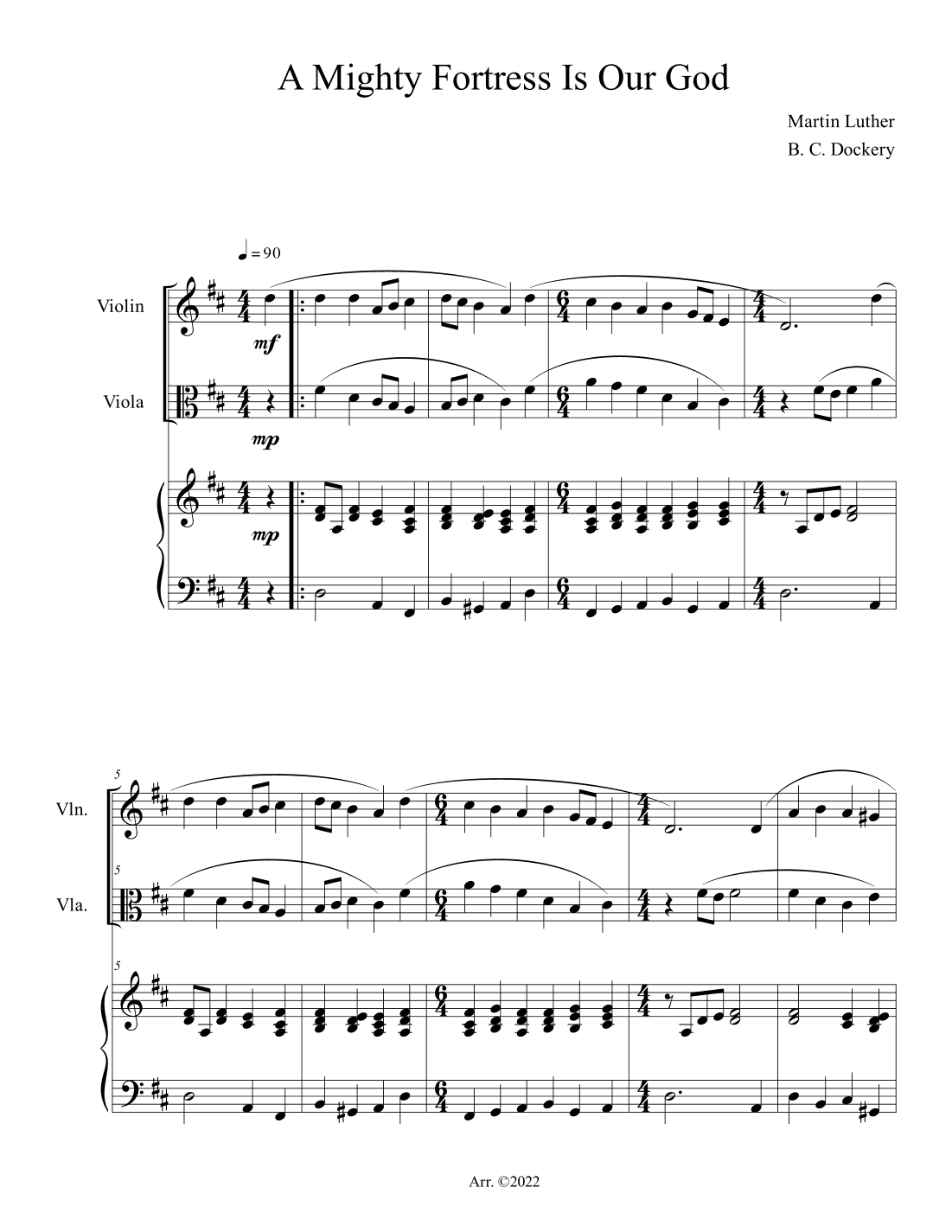 A Mighty Fortress is Our God (Violin and Viola Duet with Piano Accompaniment) (arr. B. C. Dockery)