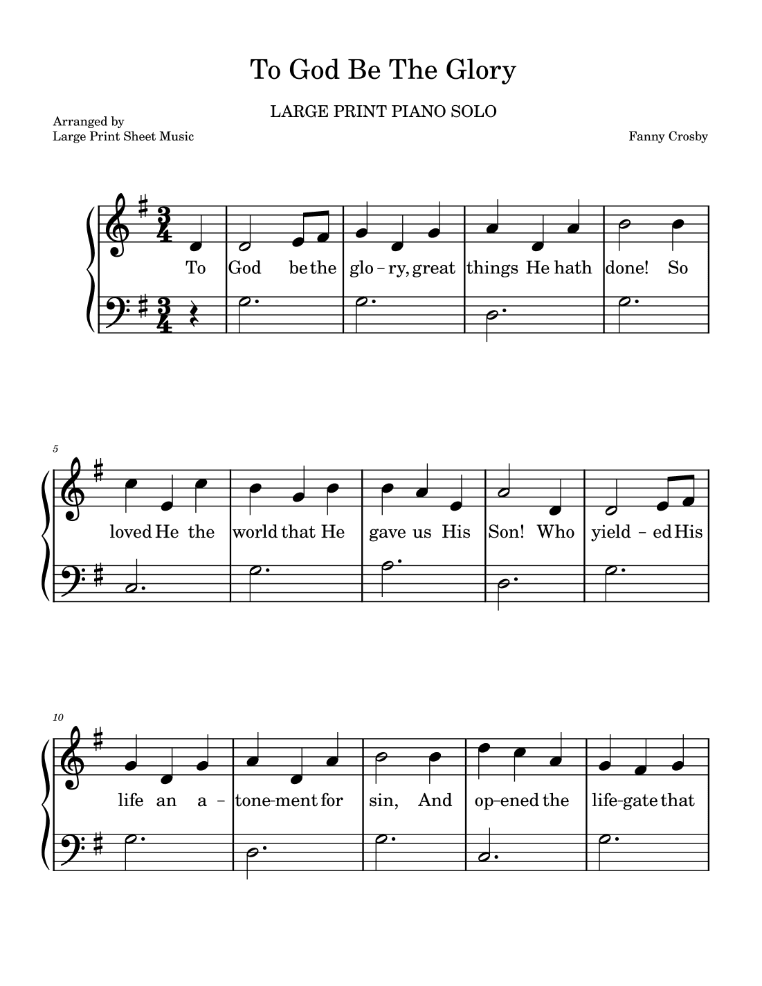 To God Be The Glory LARGE PRINT Hymn Easy Piano Solo (arr. Large Print Sheet Music)
