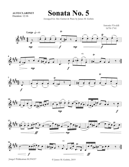 Vivaldi: Sonata No. 5 for Alto Clarinet & Piano (arr. James M. Guthrie, ASCAP)