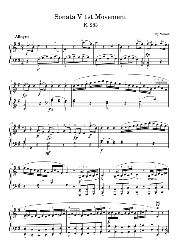 Mozart K.283 Sonata No.5 1st Movement G Major,Piano Solo Sheet (arr. poon)