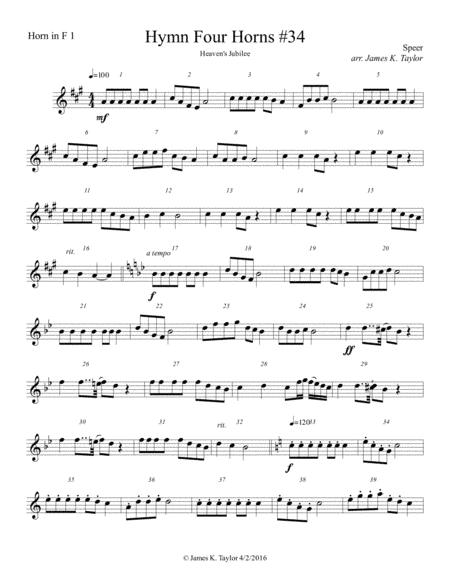 Heaven's Jubilee for Horn Quartet #34 (arr. James K. Taylor)