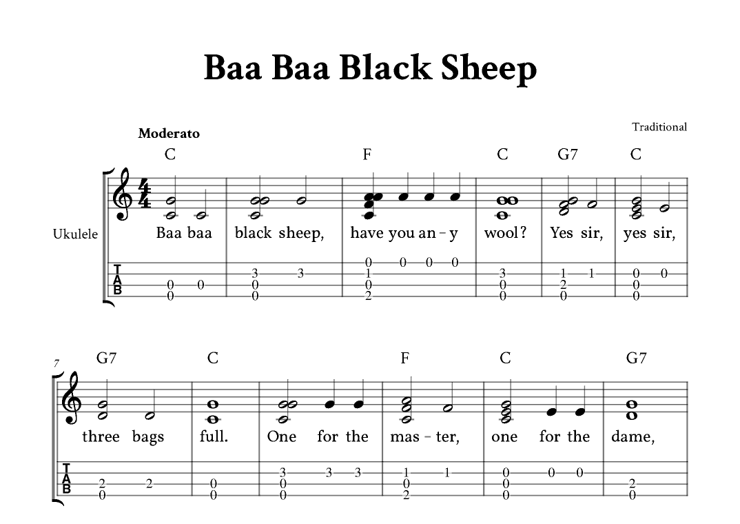 Baa Baa Black Sheep - Fingerstyle Ukulele (with TAB and Lyrics) (arr. Yuri Noronha)