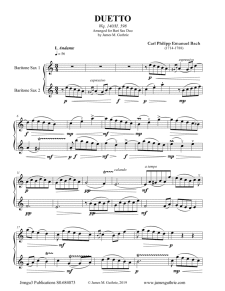 CPE Bach: Duetto Wq. 140 for Baritone Sax Duo (arr. James M. Guthrie, ASCAP)