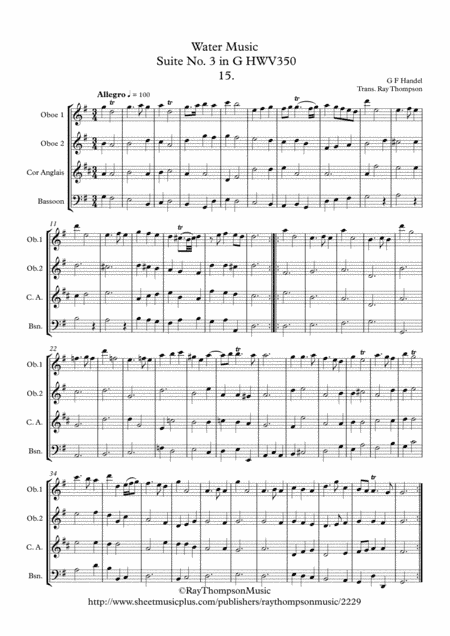 Handel: Suite No.3 in G (HWV350)(Complete) "The Water Music" ( Wassermusik) - wind quartet (double r (arr. Ray Thompson)