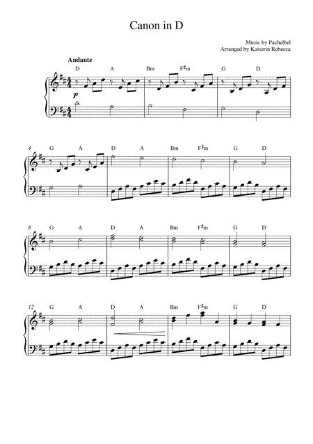 Canon in D (easy piano solo with chords) (arr. Kaiserin Rebecca)