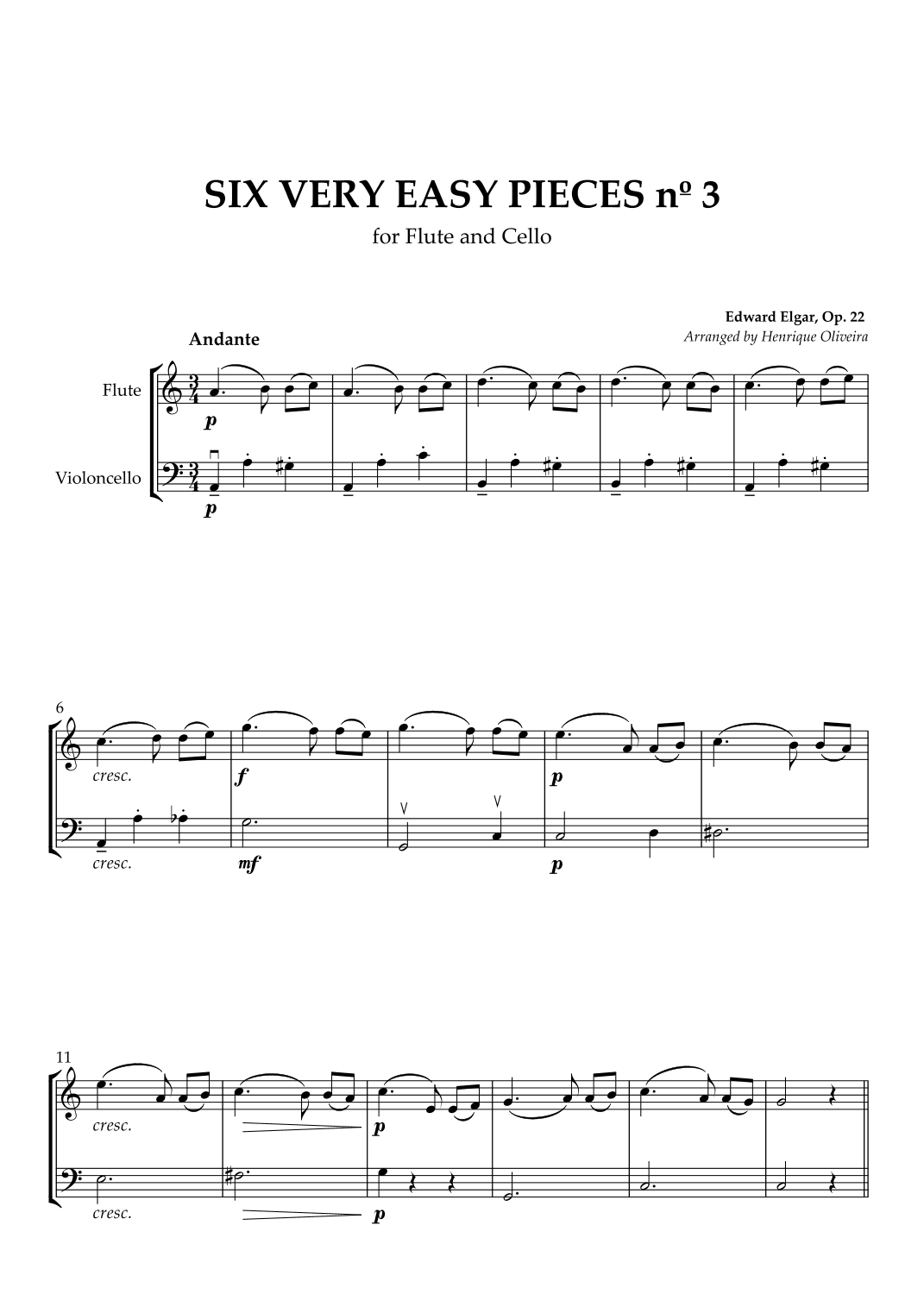 Six Very Easy Pieces nº 3 (Andante) - Flute and Cello (arr. Henrique Oliveira)