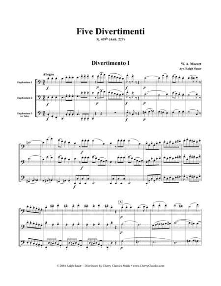 Five Divertimenti K. 439b for Euphonium Trio (arr. Sauer, Ralph)