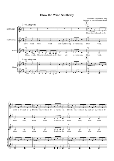 Blow the Wind Southerly.  Trad.  SSA with rehearsal piano. (arr. Jane Anderson-Brown)