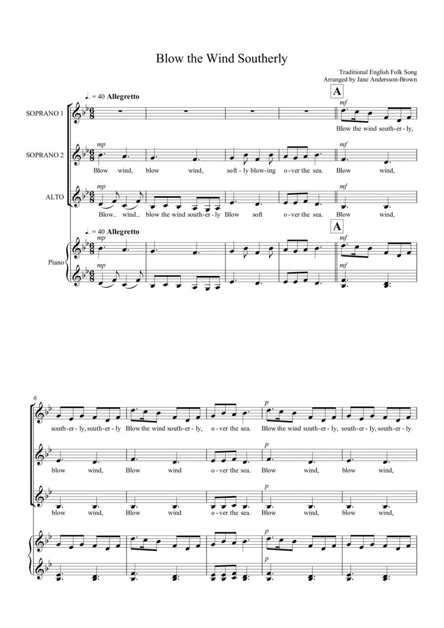 Blow the Wind Southerly.  Trad.  SSA with rehearsal piano. (arr. Jane Anderson-Brown)