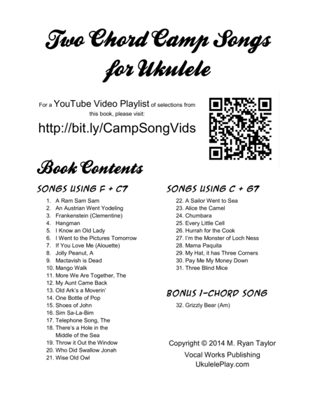 Two Chord Camp Songs for Ukulele: Silly, Crazy, Fun Songs for Group Singing (arr. M. Ryan Taylor)