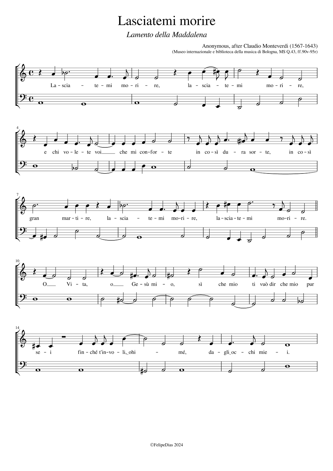 Lamento della Maddalena: Lasciatemi morire (arr. Early Music Scores)