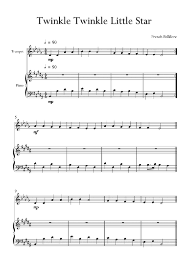 Twinkle Twinkle Little Star in B Major for Trumpet and Piano. Very Easy. (arr. Matheus Araújo)