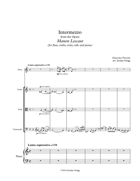 Intermezzo from the Opera Manon Lescaut (for flute, violin, viola, cello and piano) (arr. Jordan Grigg)