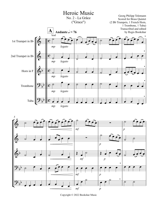 Heroic Music - No.   2. La Grace (Bb) (Brass Quintet - 2 Trp, 1 Hrn, 1 Trb, 1 Tuba) (arr. Regis Bookshar)