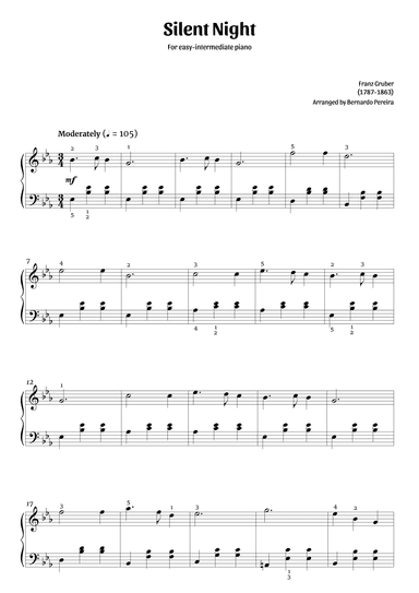 Silent Night (easy-intermediate piano in Eb major – clean with fingering) (arr. Bernardo Pereira)