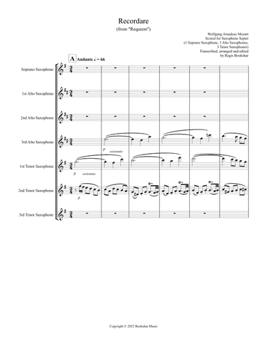Recordare (from "Requiem") (F) (Saxophone Septet - 1 Sop, 3 Alto, 3 Ten) (arr. Regis Bookshar)
