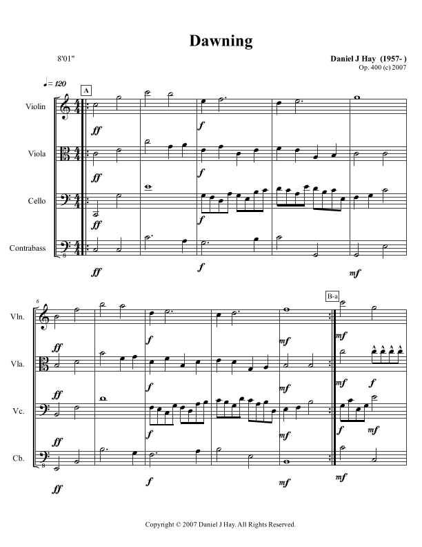 Dawning (Opus 400) Quartet (Violin, Viola, Cello, and Contrabass) - Score Only