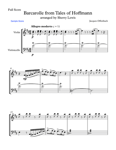 BARCAROLLE Tales From Hoffmann for String Duo, Intermediate Level for violin and cello (arr. Sherry Lewis)