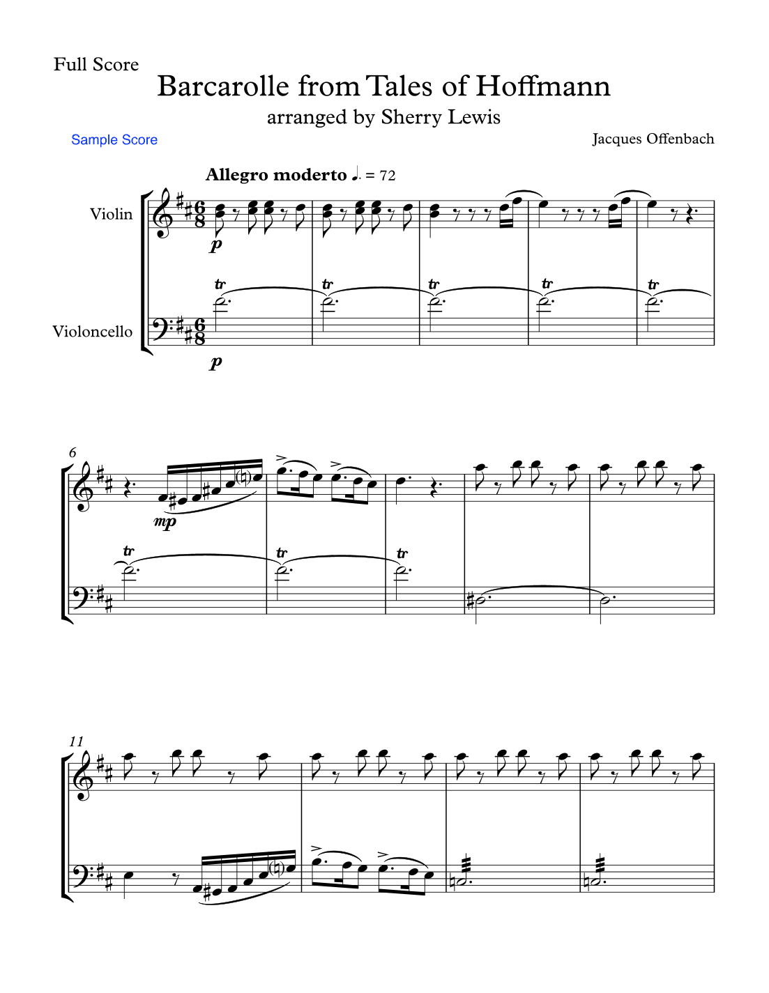 BARCAROLLE Tales From Hoffmann for String Duo, Intermediate Level for violin and cello (arr. Sherry Lewis)