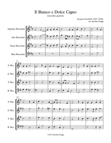 Il Bianco e Dolce Cigno (recorder quartet) (arr. Jordan Grigg)