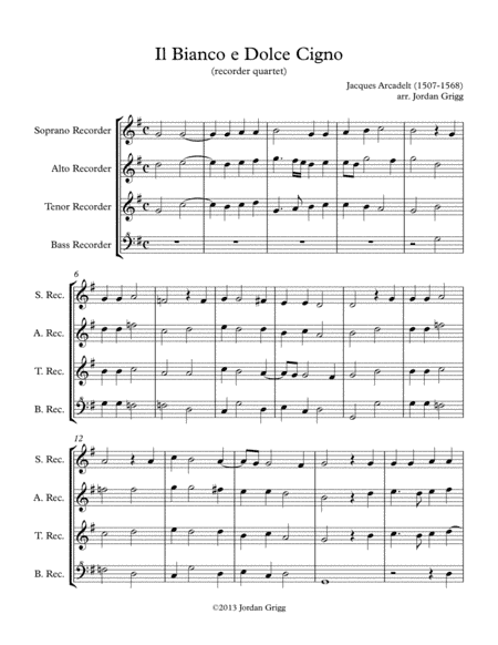 Il Bianco e Dolce Cigno (recorder quartet) (arr. Jordan Grigg)