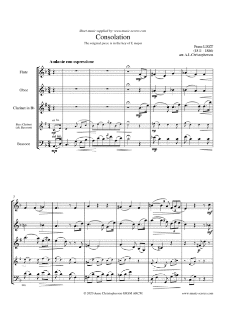Consolation No. 5 in E Major - Wind Quartet (arr. Music-Scores.com)