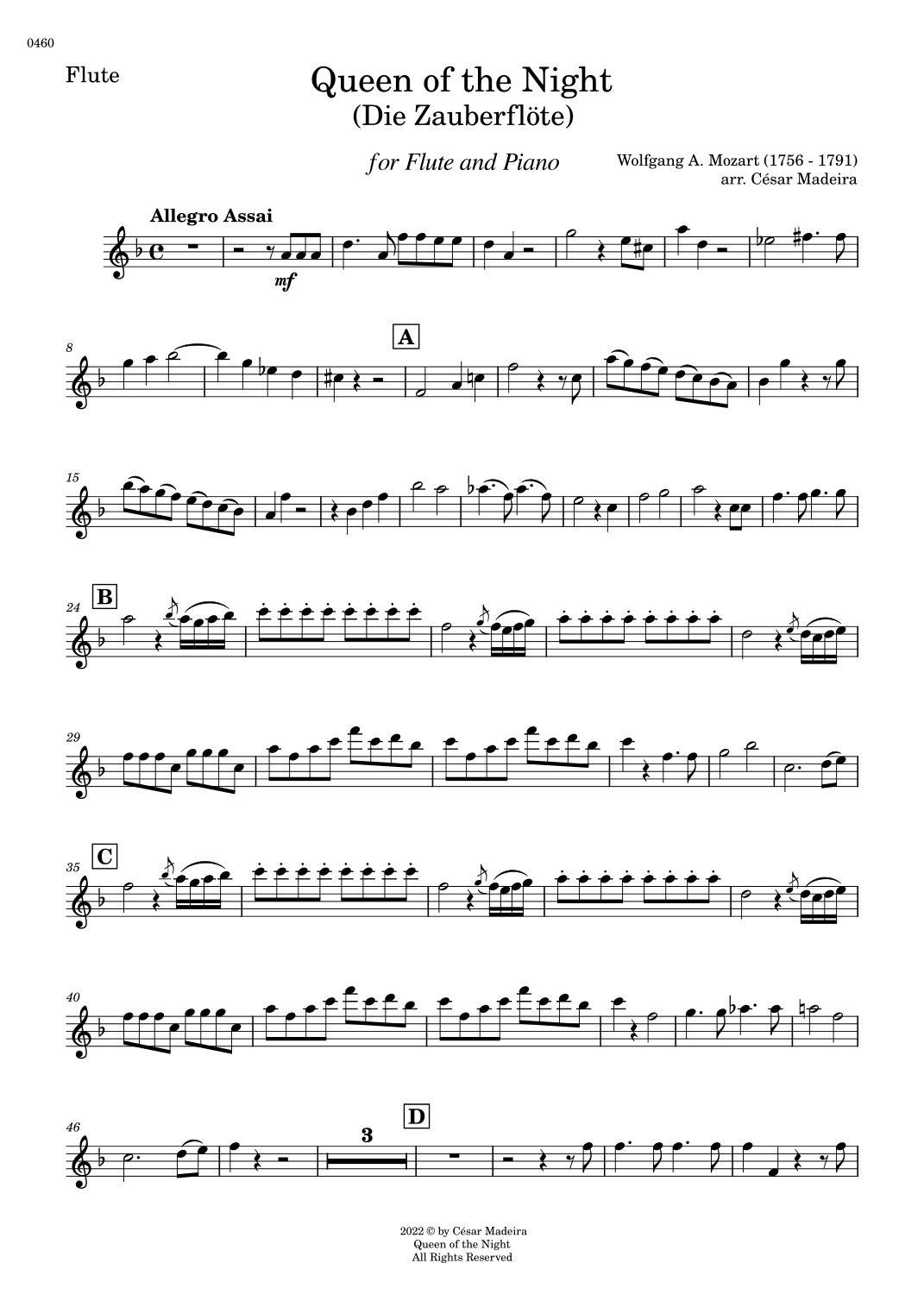 Queen of the Night Aria - Flute and Piano (Individual Parts) (arr. César Madeira)