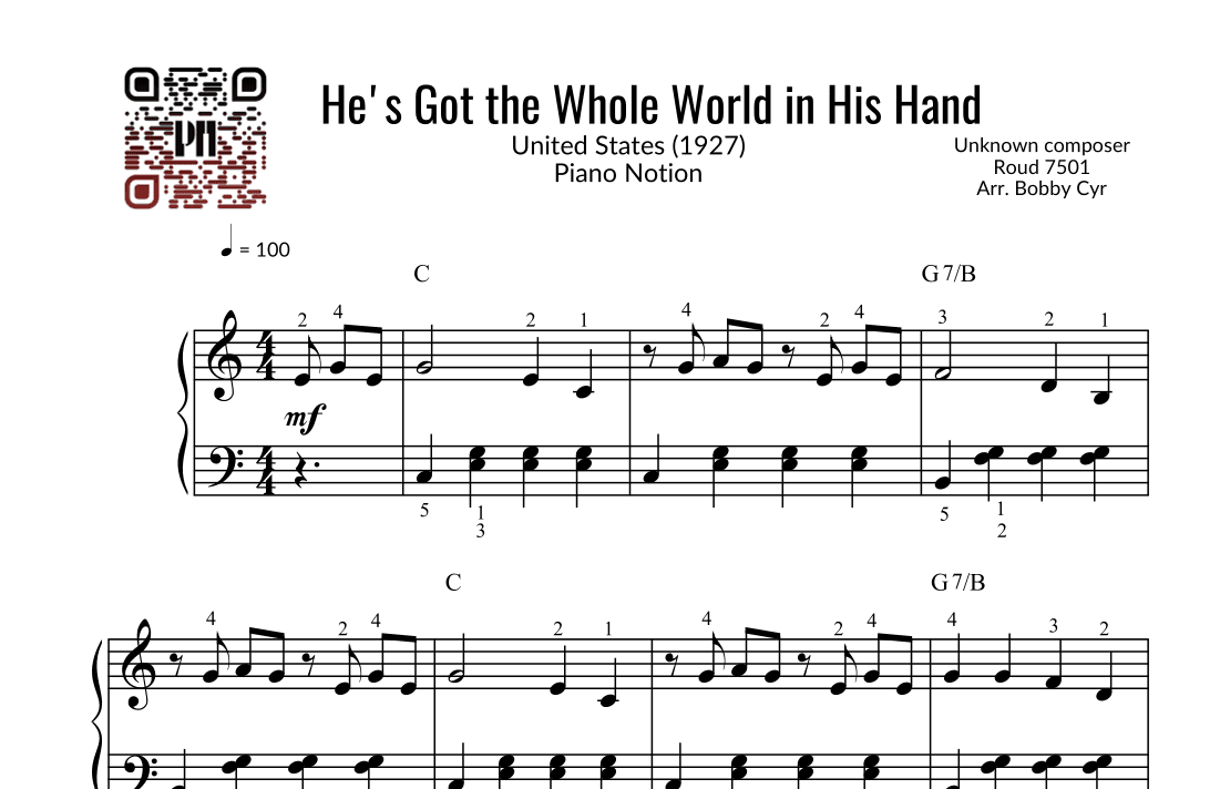 He's Got the Whole World in His Hand (Easy Piano) (arr. Bobby Cyr - Piano Notion)