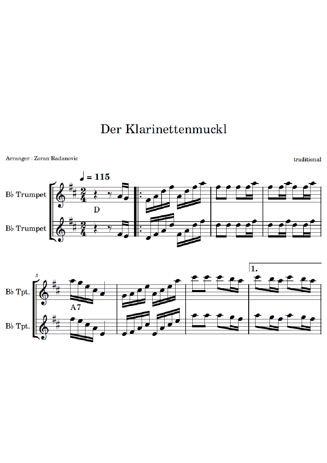 Der Klarinettenmuckl - for Bb trumpet duet (arr. Zoran Radanovic)