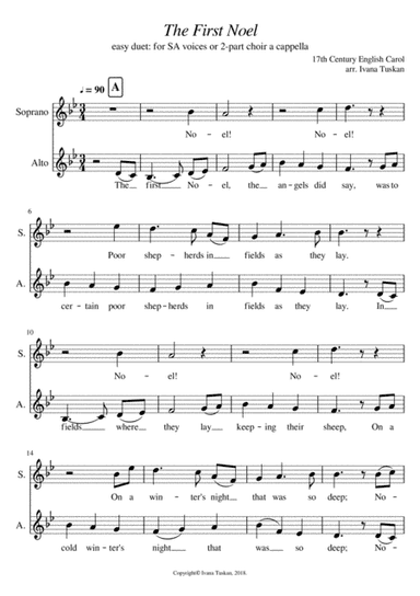 The First Noel, for SA duet or 2 - part choir  a cappella (arr. Ivana Tuskan)