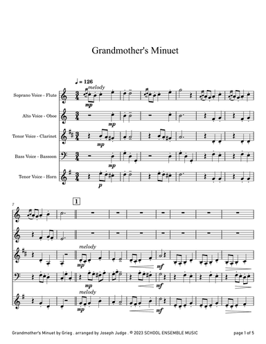 Grandmother's Minuet by Grieg for Woodwind Quartet in Schools (arr. Joseph Judge)