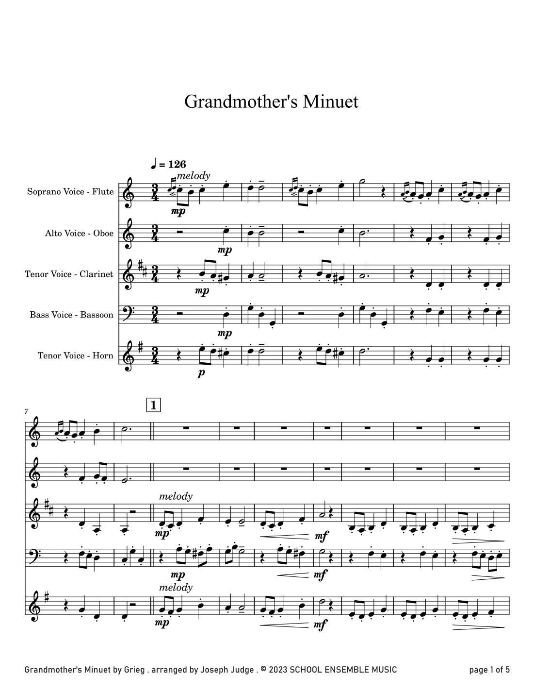 Grandmother's Minuet by Grieg for Woodwind Quartet in Schools (arr. Joseph Judge)