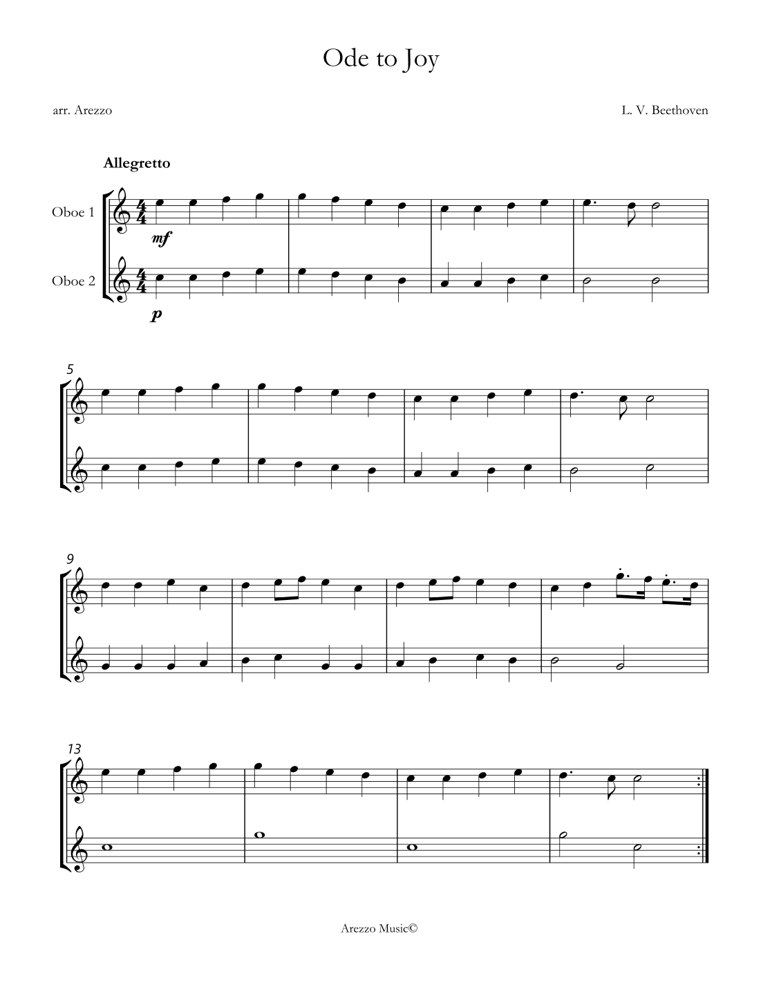 ode to joy sheet music for oboe duo in c - for beginners (arr. Arezzo Music)