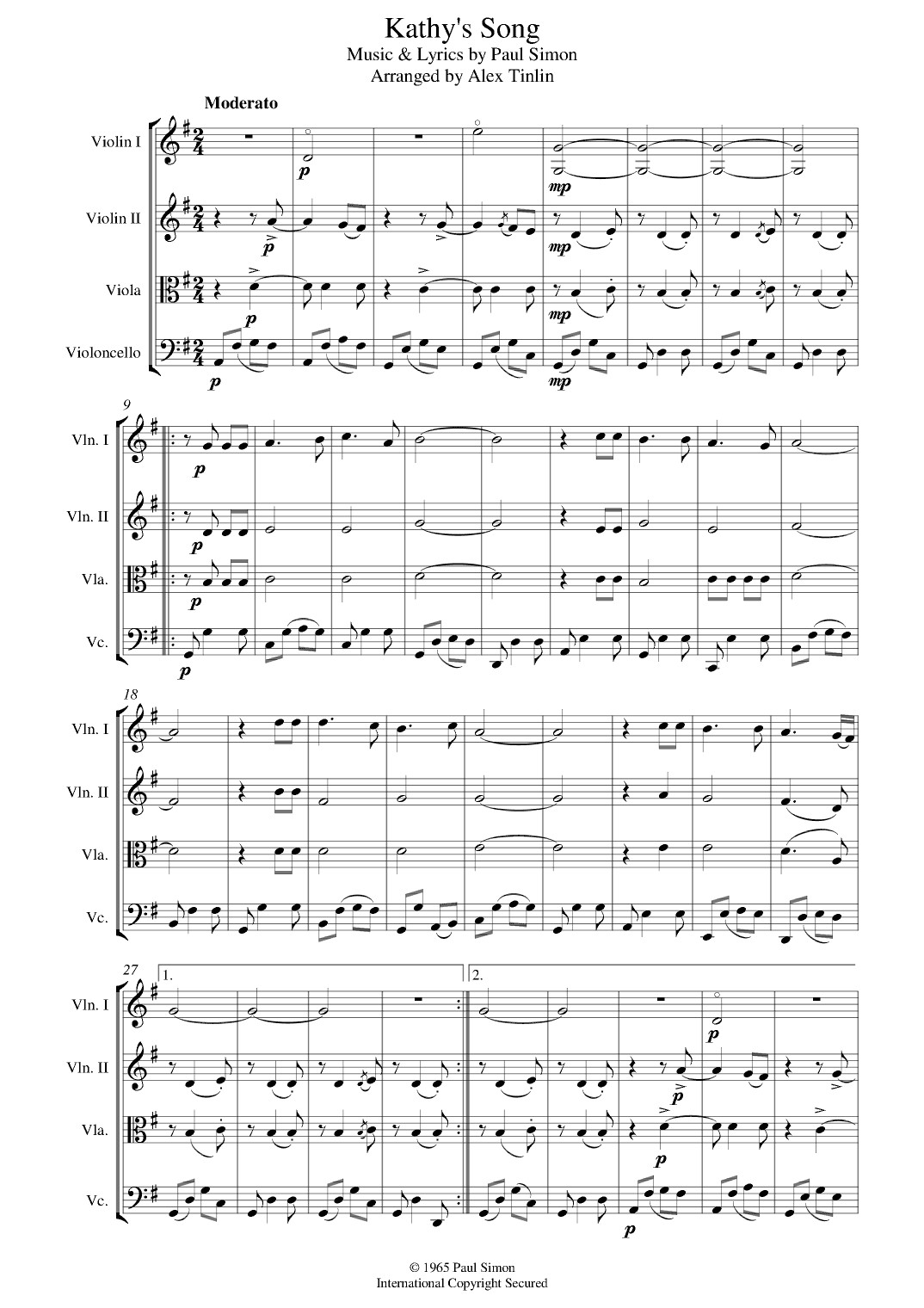 Kathy's Song (arr. Alex Tinlin)