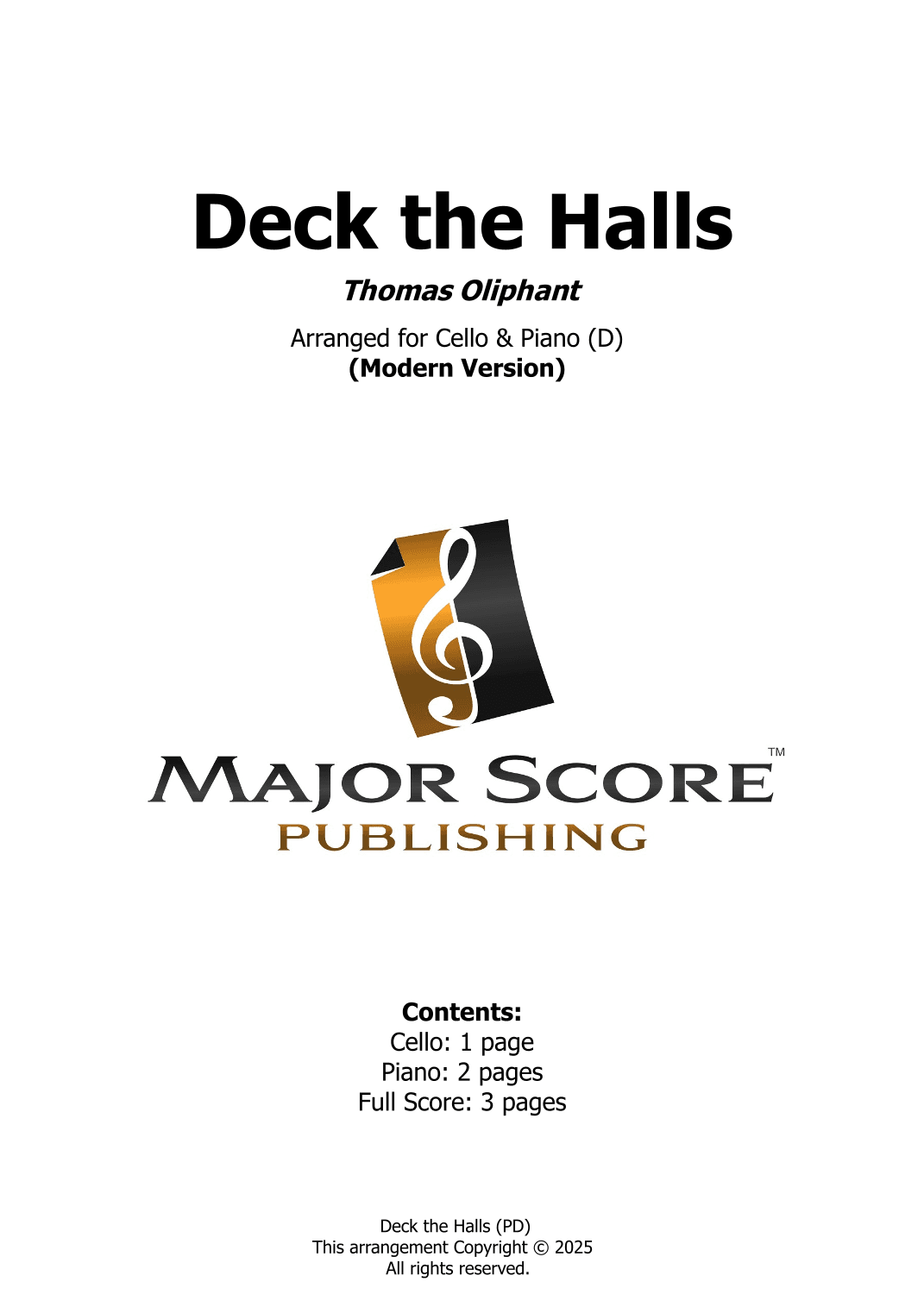 Deck the Halls sheet music | Cello & Piano (D) (arr. MAJOR SCORE PUBLISHING TM.)