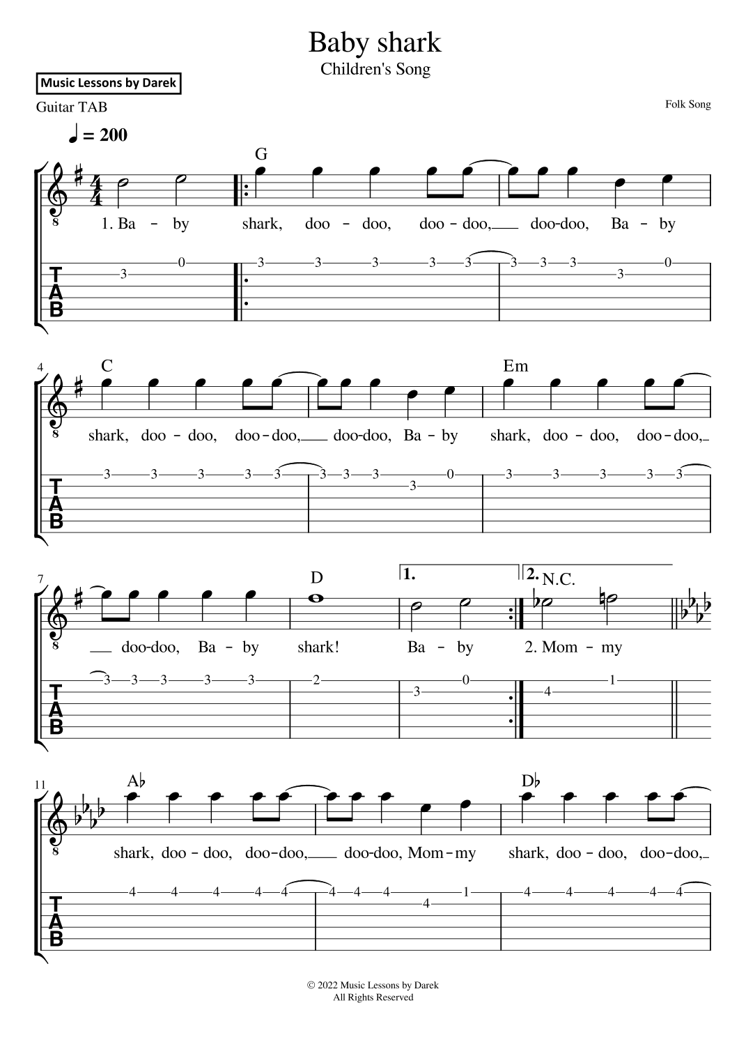 Baby shark (GUITAR TAB) Children's Song [Folk Song] (arr. Darek)