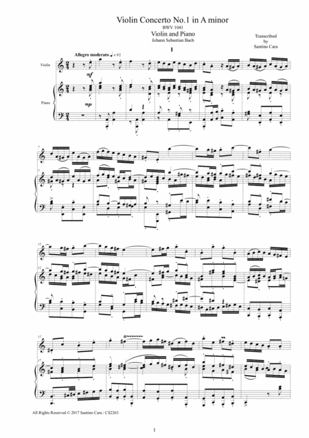 Bach - Violin Concerto No.1 in A minor BWV 1041 for Violin and Piano (arr. Santino Cara)