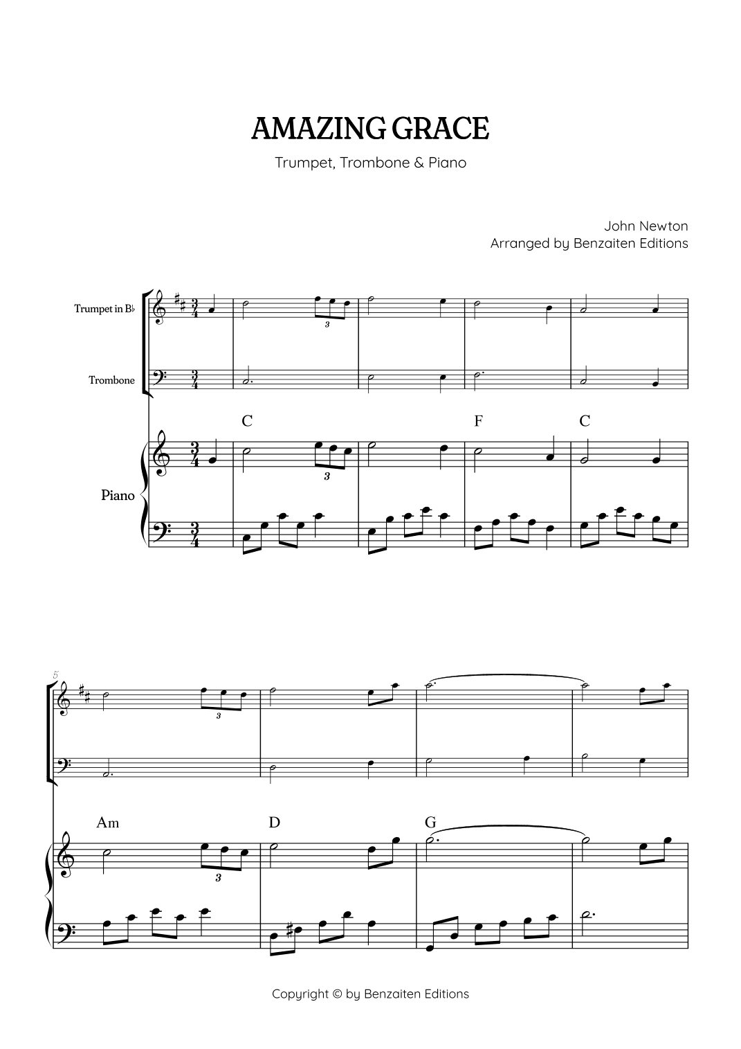 Amazing Grace • easy trumpet and trombone sheet music with piano accompaniment (and chords) (arr. Benzaiten Editions)