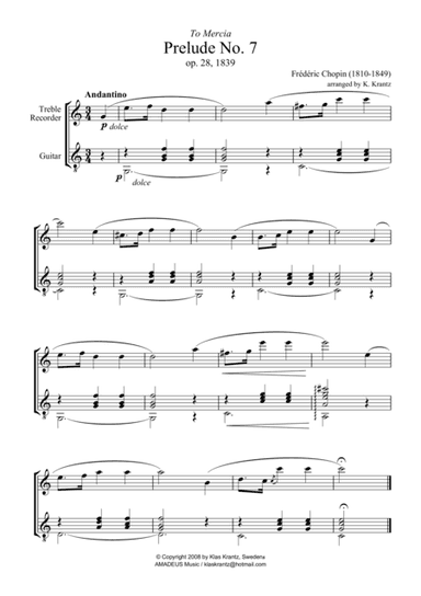 Prelude op. 28, no. 7 for treble recorder and guitar (arr. Amadeus Music)