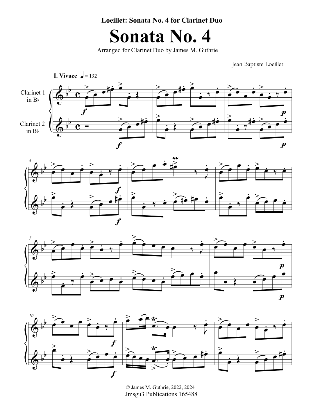 Loeillet: Sonata No. 4 for Clarinet Duo (arr. James M. Guthrie)