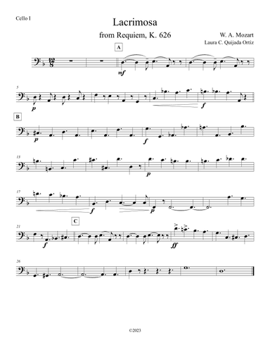 Lacrimosa from Mozart's Requiem. Double string orchestra. 3  Scores & parts (arr. Laura C. Quijada Ortíz)