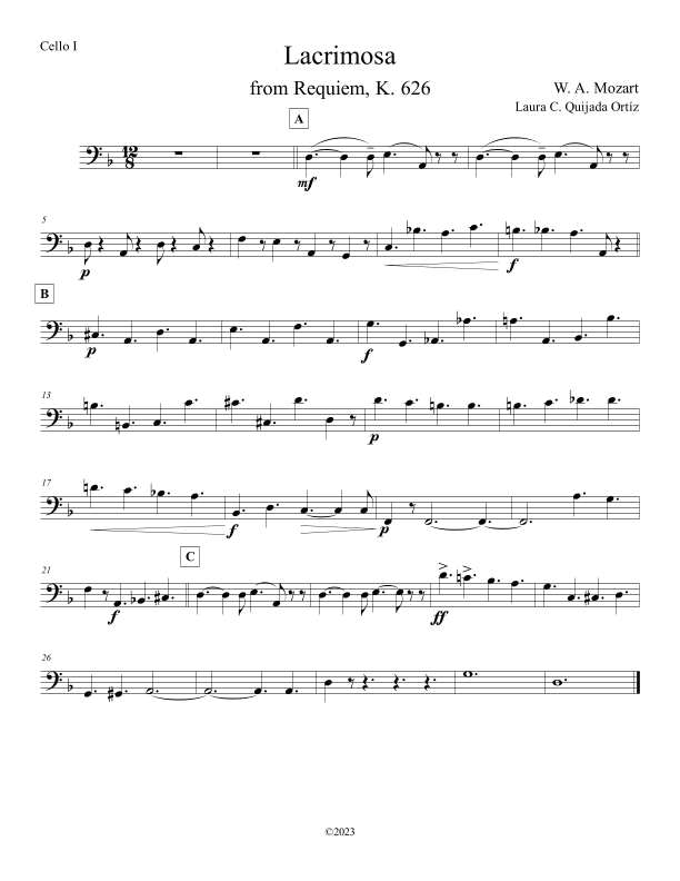 Lacrimosa from Mozart's Requiem. Double string orchestra. 3  Scores & parts (arr. Laura C. Quijada Ortíz)