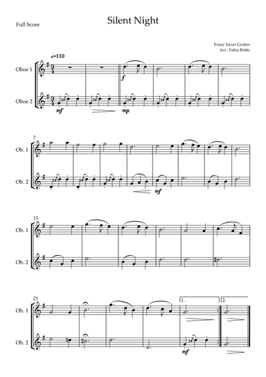 Silent Night (Christmas Song) for Oboe Duo (arr. Fabio Britto)