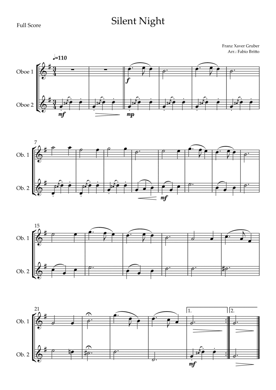 Silent Night (Christmas Song) for Oboe Duo (arr. Fabio Britto)