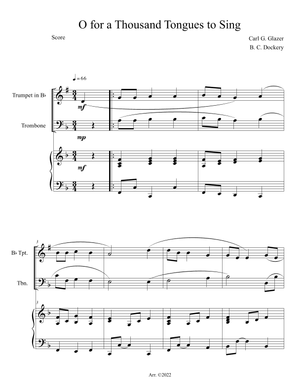 O for a Thousand Tongues to Sing (Trumpet and Trombone Duet with Piano Accompaniment) (arr. B. C. Dockery)