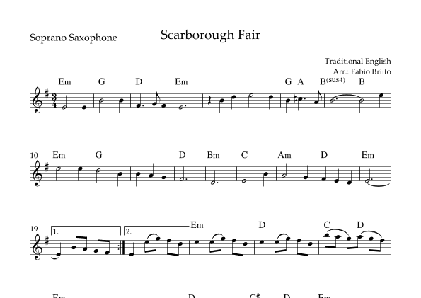 Scarborough Fair for Soprano Saxophone Solo with Chords (arr. Fabio Britto)